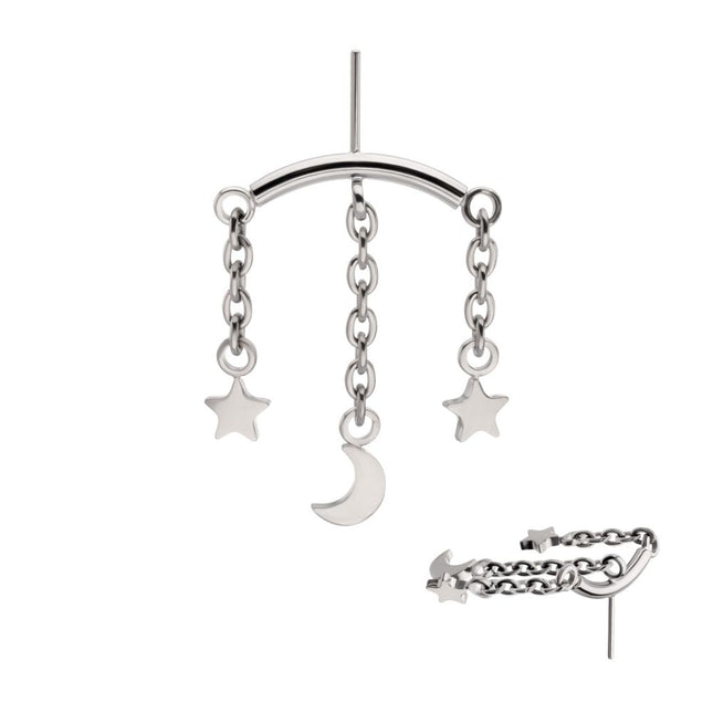 Invictus Titanium Threadless Vertical Helix Curved Bar Top with Crescent Moon and Star 3-Chain Dangle