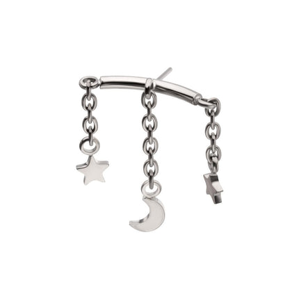 Invictus Titanium Threadless Vertical Helix Curved Bar Top with Crescent Moon and Star 3-Chain Dangle