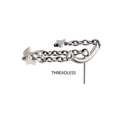 Invictus Titanium Threadless Vertical Helix Curved Bar Top with Crescent Moon and Star 3-Chain Dangle