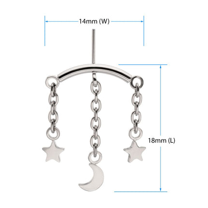 Invictus Titanium Threadless Vertical Helix Curved Bar Top with Crescent Moon and Star 3-Chain Dangle