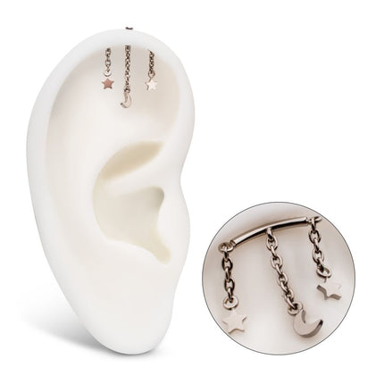 Invictus Titanium Threadless Vertical Helix Curved Bar Top with Crescent Moon and Star 3-Chain Dangle