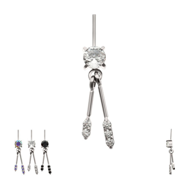 Invictus Titanium Threadless Vertical Helix Prong Set Gem Top with Duo Bar Dangle