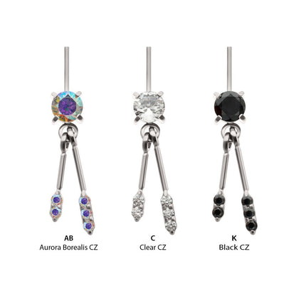 Invictus Titanium Threadless Vertical Helix Prong Set Gem Top with Duo Bar Dangle