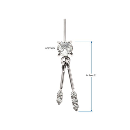 Invictus Titanium Threadless Vertical Helix Prong Set Gem Top with Duo Bar Dangle