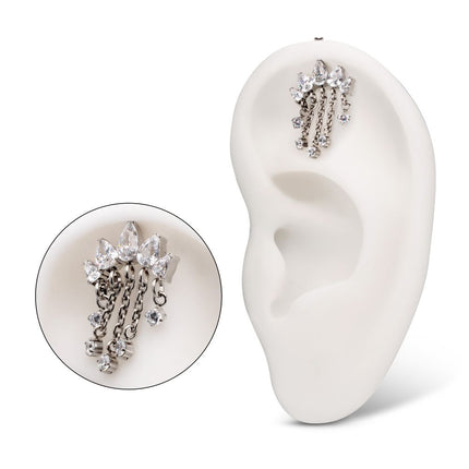 Invictus Titanium Threadless Vertical Helix 5-Cluster Teardrop Gem Curved Bar Top with 5-Chain Prong Gem Dangle
