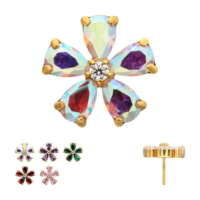 Invictus 24Kt Gold PVD Titanium Threadless "Radiant Bloom Flower" Prong Set Gem Top