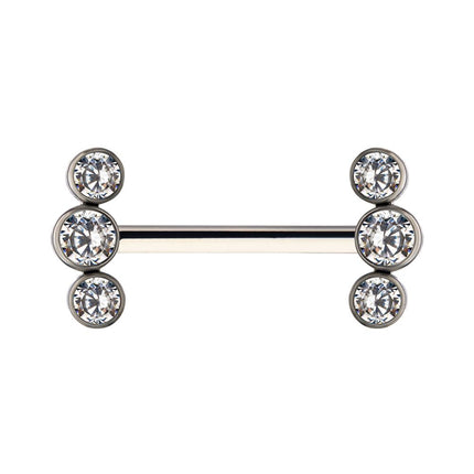 Invictus Titanium with One Side Fixed & One Side Threadless Nipple Barbell with Bezel Set CZ 3-Cluster Ends