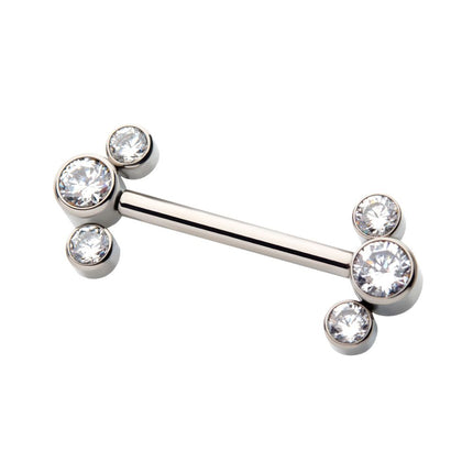 Invictus Titanium with One Side Fixed & One Side Threadless Nipple Barbell with Bezel Set CZ 3-Cluster Ends