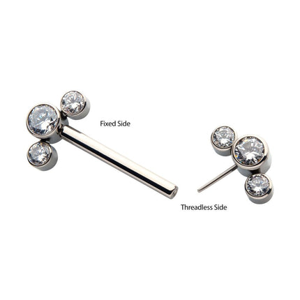 Invictus Titanium with One Side Fixed & One Side Threadless Nipple Barbell with Bezel Set CZ 3-Cluster Ends