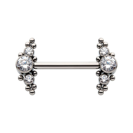 Invictus Titanium with One Side Fixed & One Side Threadless Nipple Barbell with Trio Beads & Bezel Set CZ 3-Cluster Ends
