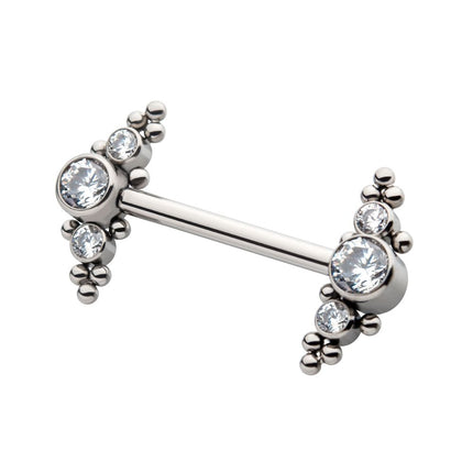 Invictus Titanium with One Side Fixed & One Side Threadless Nipple Barbell with Trio Beads & Bezel Set CZ 3-Cluster Ends