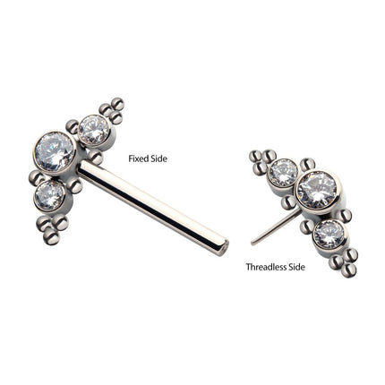 Invictus Titanium with One Side Fixed & One Side Threadless Nipple Barbell with Trio Beads & Bezel Set CZ 3-Cluster Ends
