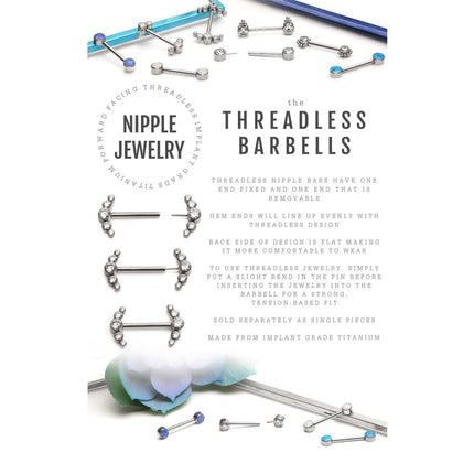 Invictus Titanium with One Side Fixed & One Side Threadless Nipple Barbell with Trio Beads & Bezel Set CZ 3-Cluster Ends
