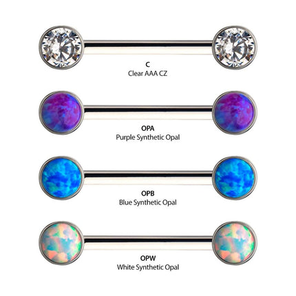 Invictus Titanium with One Side Fixed & One Side Threadless Nipple Barbell with Bezel Set CZ/Opal Ends