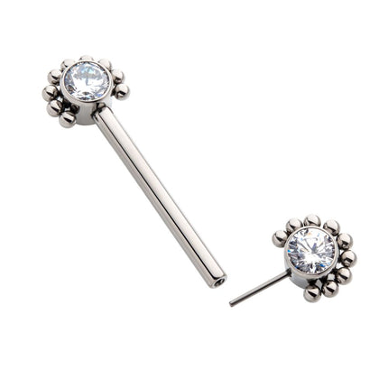 Invictus Titanium with One Side Fixed & One Side Threadless Nipple Barbell with Clustered Beads &  Bezel Set CZ Ends