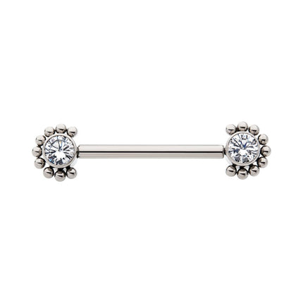 Invictus Titanium with One Side Fixed & One Side Threadless Nipple Barbell with Clustered Beads &  Bezel Set CZ Ends