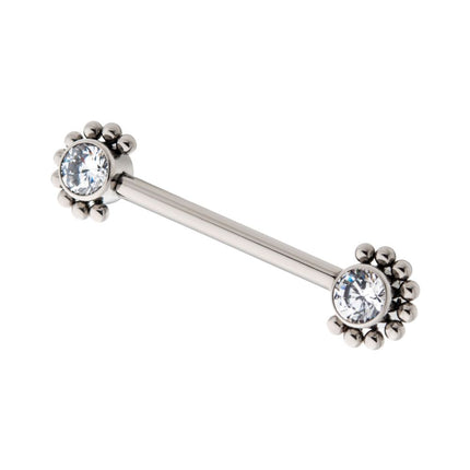 Invictus Titanium with One Side Fixed & One Side Threadless Nipple Barbell with Clustered Beads &  Bezel Set CZ Ends