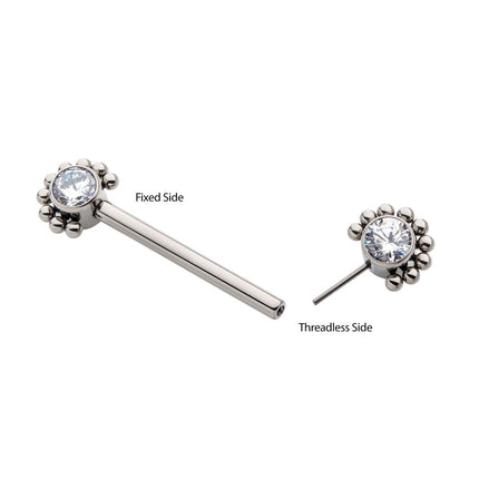 Invictus Titanium with One Side Fixed & One Side Threadless Nipple Barbell with Clustered Beads &  Bezel Set CZ Ends