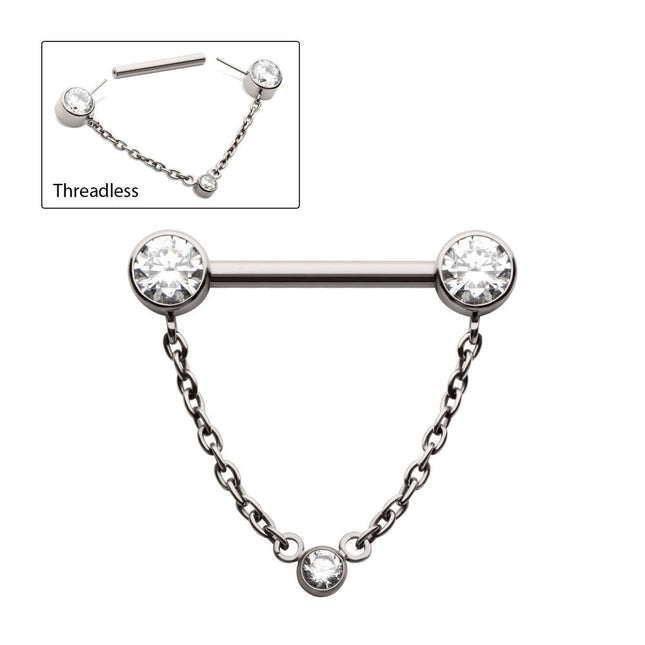Invictus Titanium Threadless Bezel Round CZ Nipple Barbell with Dangle Chain | Sold by piece