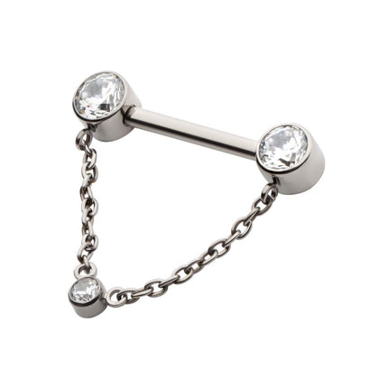 Invictus Titanium Threadless Bezel Round CZ Nipple Barbell with Dangle Chain | Sold by piece