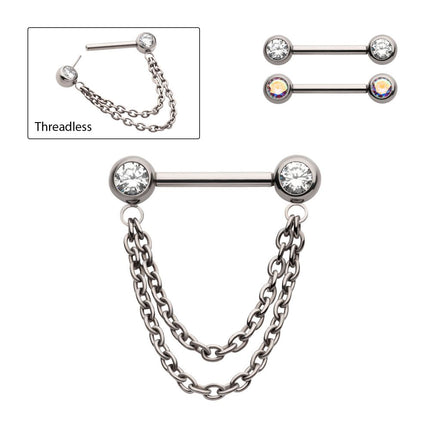 Invictus Titanium Double Chain Dangle with One Side Threadless, One Side Fixed Bezel Set Gem Nipple Bar