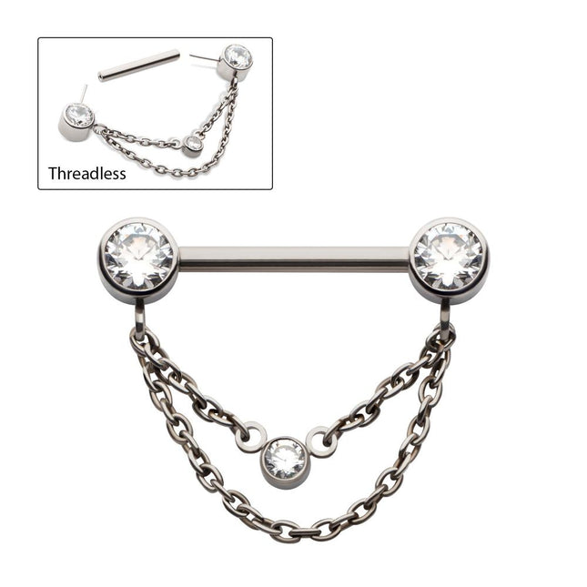 Invictus Titanium Threadless Bezel Round CZ Nipple Barbell with 2 Tier Chain | Sold by piece