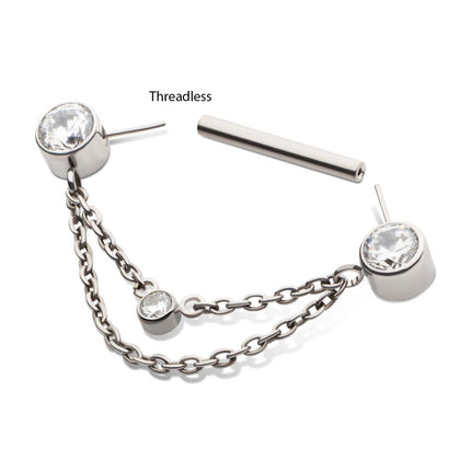 Invictus Titanium Threadless Bezel Round CZ Nipple Barbell with 2 Tier Chain | Sold by piece