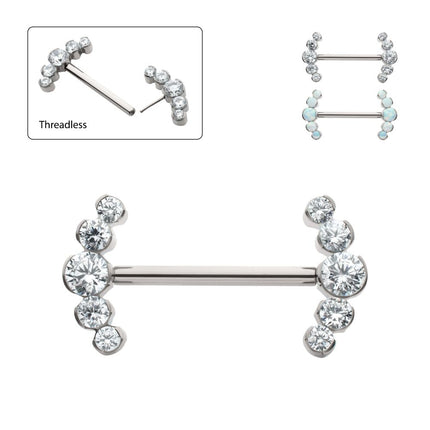 Invictus Titanium Semi-Bezel Set Round Gem/Opal 
5-Cluster End Nipple Barbell 
(One Side Fixed, One Side Threadless ) | Sold by piece