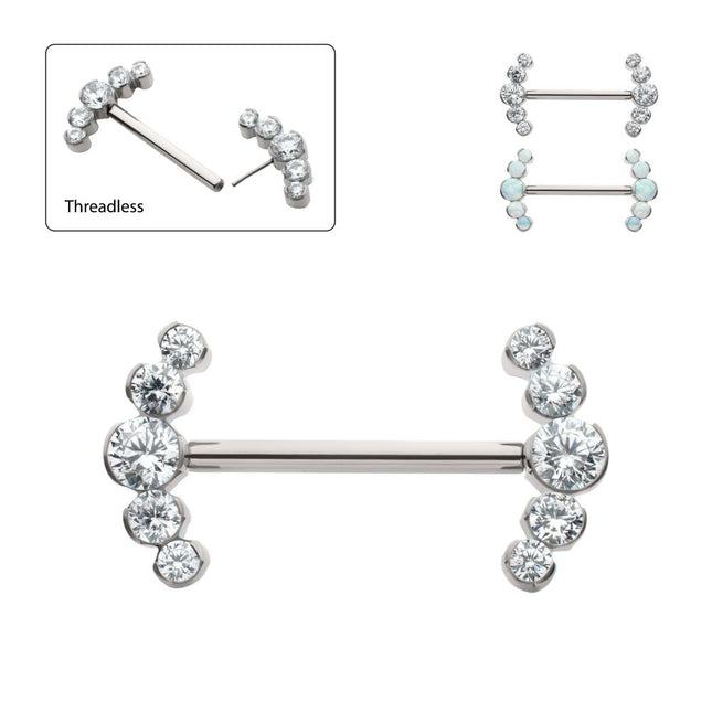 Invictus Titanium Semi-Bezel Set Round Gem/Opal 
5-Cluster End Nipple Barbell 
(One Side Fixed, One Side Threadless ) | Sold by piece
