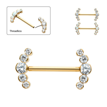 Invictus 24Kt Gold PVD Titanium Semi-Bezel Set Round Gem/Opal 
5-Cluster End Nipple Barbell 
(One Side Fixed, One Side Threadless ) | Sold by piece
