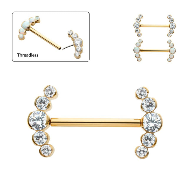 Invictus 24Kt Gold PVD Titanium Semi-Bezel Set Round Gem/Opal 
5-Cluster End Nipple Barbell 
(One Side Fixed, One Side Threadless ) | Sold by piece