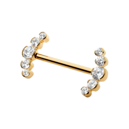 Invictus 24Kt Gold PVD Titanium Semi-Bezel Set Round Gem/Opal 
5-Cluster End Nipple Barbell 
(One Side Fixed, One Side Threadless ) | Sold by piece
