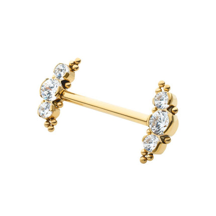 Invictus 24Kt Gold PVD Titanium Beads and Semi-Bezel Set Round Gem/Opal 
3-Cluster Ends Nipple Barbell 
(One Side Fixed, One Side Threadless ) | Sold by piece