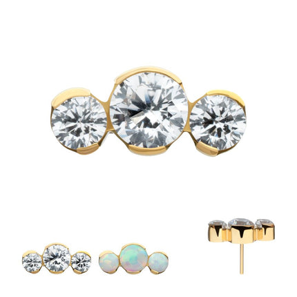 Invictus 24Kt Gold PVD Titanium Threadless Semi-Bezel Set Round Gem/Opal 3-Cluster Top