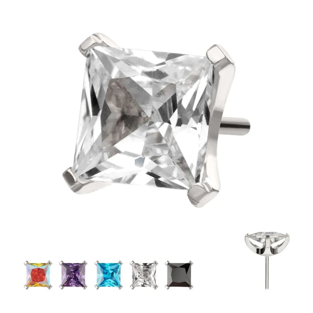 Invictus Titanium Threadless Flat Base Low Profile 4 Prong Princess Cut Gem Top