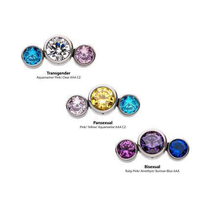 Invictus Titanium Threadless with Bi-Trans-Pan Bezel Set CZ 3-Cluster Side Facing Top